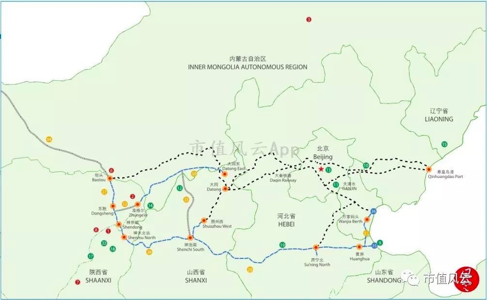 (注:2011年3月25日分布图,蓝色为中国神华自有铁路,黑色为国有铁路