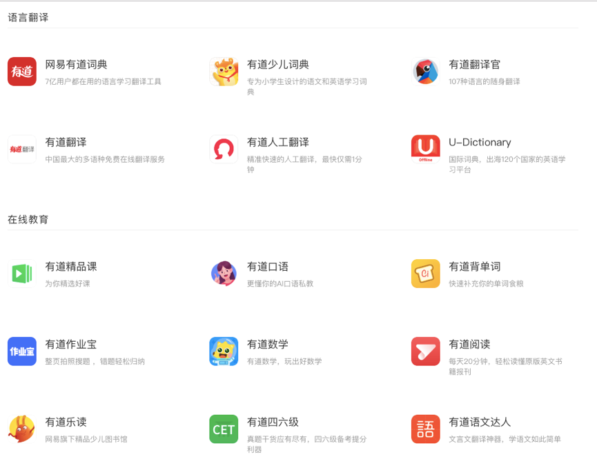 在线教育,智能硬件,云应用,电商导购,开放平台,有道推广等多个品牌