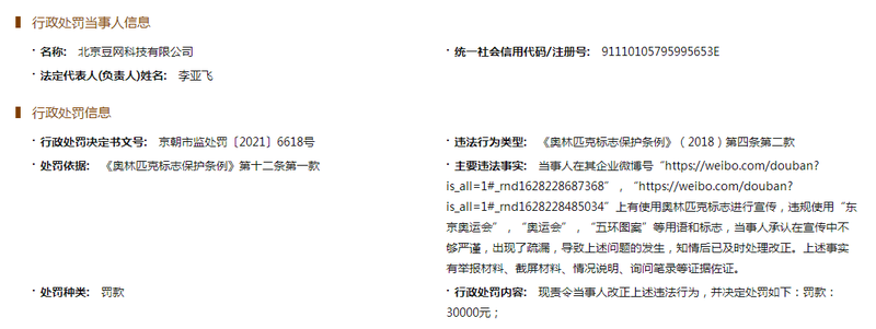 豆瓣关联公司违规使用奥林匹克标志被行政处罚3万元