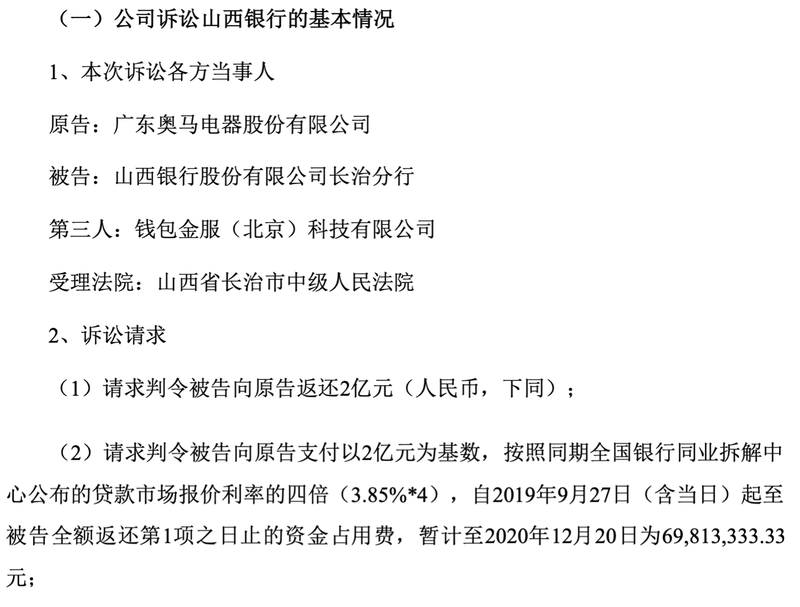 “奥马电器和山西银行互诉，要求后者归还2亿元及数千万资金占用费，子公司曾合作助贷业务